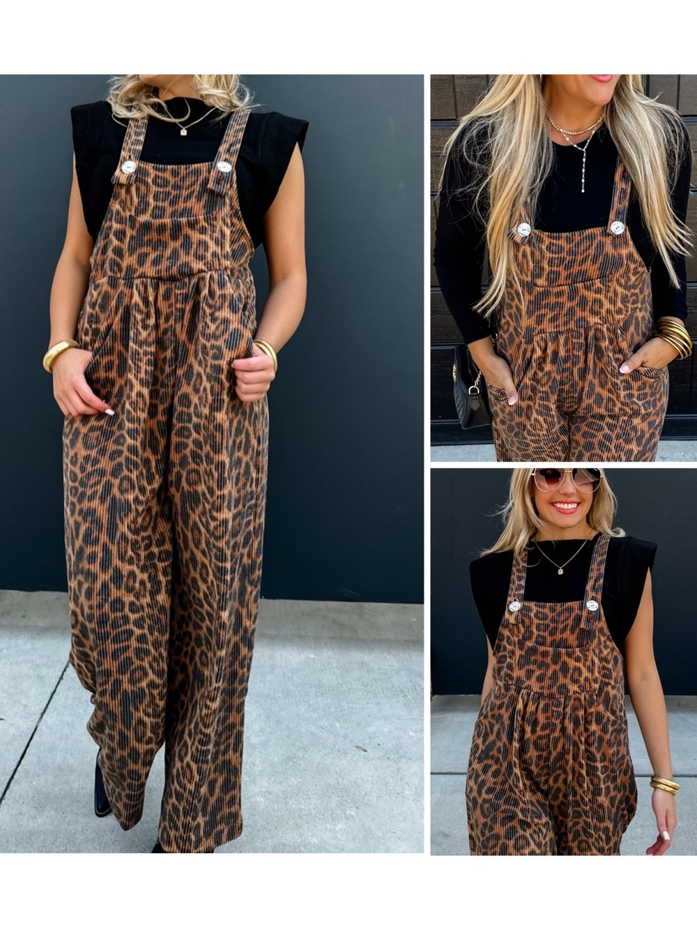 Leopard Print Wide-Leg Jumpsuit Overalls - Brown